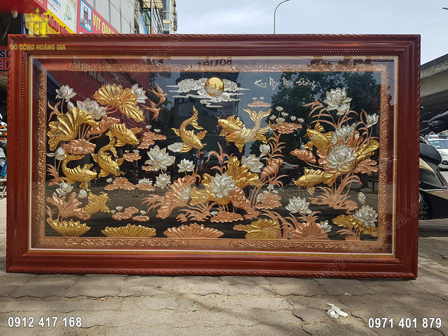 Tranh Đồng Cửu Ngư Hoa Sen Bằng Đồng Đỏ Mạ V&agrave;ng Mạ Bạc 2M3